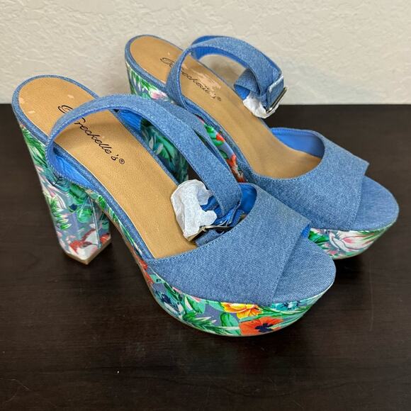 NWOT Breckelle’s Jolene Platform Heels Shoes Denim and Floral size 8.5 Peeptoe - Picture 1 of 7